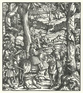 Maximiliaan I, koning van de Romeinen, ontvangt een bericht tijdens de jacht door Hans (after) Burgkmair