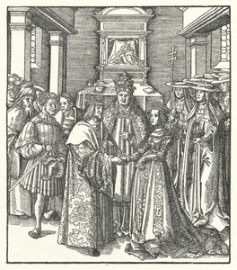 Paus Nicolaas V zit de bruiloft voor van de Heilige Roomse Keizer Frederik III en Eleonora van Portugal in Rome door Hans (after) Burgkmair