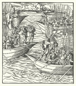 Schepen met Duitse en Franse soldaten voor de kust van Livorno, Italië door Hans (after) Burgkmair