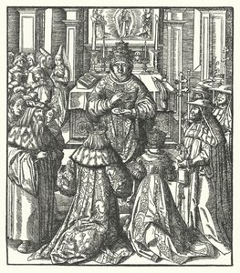 De Heilige Roomse Keizer Frederik III en de keizerin Eleonora ontvangen de Heilige Communie van de paus door Hans (after) Burgkmair