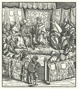 De Heilige Roomse Keizer Maximiliaan I onderhandelt met de Hongaren door Hans (after) Burgkmair