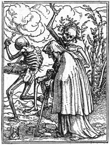 De simulacra van de dood van Hans Holbein de Jongere (1497-1543): de oude. De dood vergezelt een oude dame naar haar bestemming. Gravure. door Hans (after) Holbein the Younger