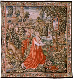 Vlaams wandtapijt. Boetvaardige Sint-Hieronymus, of Sint-Hieronymus in de woestijn. Modellen Carton toegeschreven aan de kring van Hans Memling (ca. 1433-1493) of Gerard David (ca. 1450-1523). Manufacture Onbekende wever. door Hans (school of) Memling