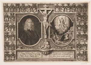 Gregers Friis naar Ålstrup en Christus aan het kruis en de Opstanding van Christus. Omgeven door wapenschilden door Hans Andreas Greys