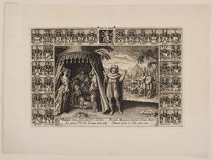 Titelblad met voorstelling van Rachel die sterft bij de geboorte van Benjamin. Omgeven door wapenschilden