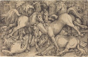 Groep van zeven paarden in het bos door Hans Baldung Grien