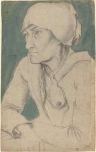 Halffiguur van een oude vrouw met een muts