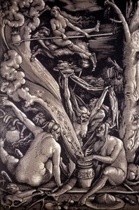 De Sabbat van de Heksen, gravure door Hans Baldung Green, Duitse schilder, graveur en tekenaar (1484-1545) door Hans Baldung Grien