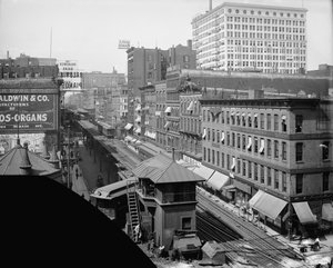 Verhoogde spoorweg, Wabash Avenue, Chicago, Illinois, ca.1900-10