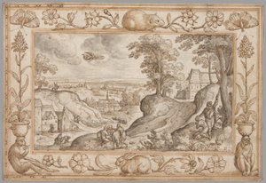Landschap met het offer van Isaac binnen een decoratieve rand van planten en dieren door Hans Bol