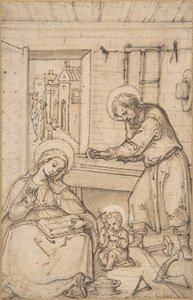 De Kindertijd van Christus, in de werkplaats van de timmerman, 1534-93 door Hans Bol.