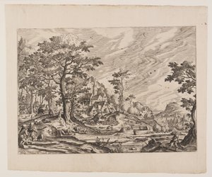 Gezicht op een dorp, een man die een kruiwagen draagt, plaat 8 uit Landscapes with Views of Villages