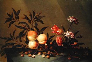 Stilleven met perziken en bloemen door Hans Bollongier
