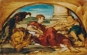 Allegorisch figuur met leeuw en pauw