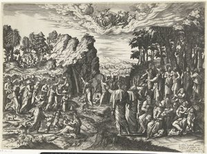 Mozes slaat water uit de rots door Hans Collaert (I)
