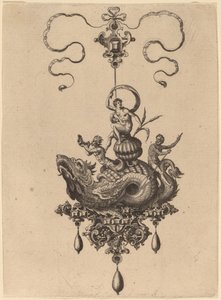 Ontwerp voor een hanger met zeemonster dat een vrouw op een schelp draagt, geflankeerd door een triton en een man met een roeispaan door Hans Collaert the Elder