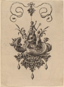 Ontwerp voor een Hanger met een Zeemonster dat Neptunus Draagt Geflankeerd door Twee Nereïden door Hans Collaert the Elder