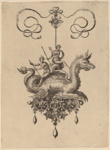 Ontwerp voor een hanger met een zeemonster dat Neptunus draagt op een urn geflankeerd door een riviergod met een roeispaan door Hans Collaert the Elder