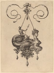 Ontwerp voor een Hanger met een Sfinx met het Lichaam van een Vis die een Man met een Roeispaan Draagt door Hans Collaert the Elder