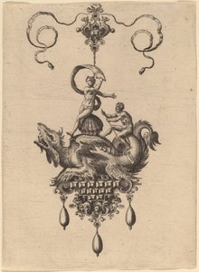 Ontwerp voor een Hanger met een Gevleugeld Zeemonster dat Venus Anadyomene op een Schelp Draagt en een Man met een Roeispaan door Hans Collaert the Elder