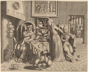 De Minnaar Non tussen de Abt en de Monnik door Hans Collaert the Elder