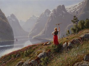 Meisje met een hark in fjordlandschap