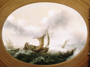 Nederlandse vissersboten gevangen in een grote bries, een kleinere boot, zeilen naar beneden, rechts, met vissers die de netten trekken door Hans Goderis