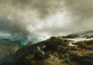Hoog berglandschap met rendierjagers