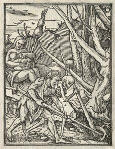 De dans van de dood: Verdrijving uit het paradijs; Adam bewerkt de grond door Hans Holbein