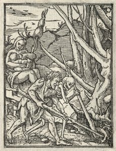 De dans van de dood: Verdrijving uit het paradijs, Adam bewerkt de grond door Hans Holbein