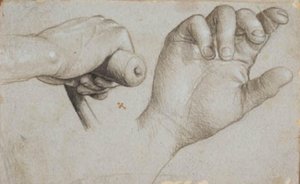 Studies van de hand van een kruisboogschutter en van de rechterhand van St. Sebastiaan door Hans Holbein d.Æ.