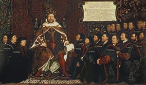Henry VIII overhandigt een charter aan Thomas Vicary, ter herdenking van de samenvoeging van de Barbiers- en Chirurgengilden, 1541 door Hans Holbein der Jüngere