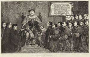 Koning Hendrik VIII presenteert een charter aan het College of Surgeons