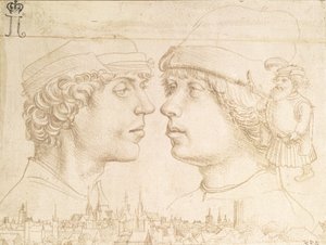 Portretten van twee jongeren, een dwerg en een stadsgezicht, c.1514