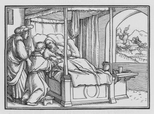 Jakob bedriegt zijn vader en verkrijgt de zegen, Genesis XXVII, 21 door Hans Holbein der Jüngere