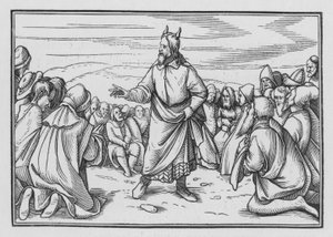 Mozes herhaalt het verhaal van Israëls doortocht door de wildernis, Deuteronomium I, 3 door Hans Holbein der Jüngere