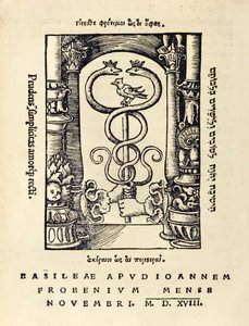 Drukkersmerk van Johann Frobens met de caduceus door Hans Holbein der Jüngere