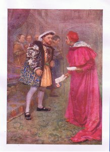 Lees dit? en dan naar het ontbijt met welke eetlust je hebt (Koning Hendrik VIII), uit De Volledige Werken van Shakespeare gepubliceerd door George Harrap & Co Ltd, 1920s door Hans Holbein der Jüngere