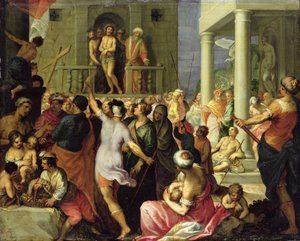 Ecce Homo. Pilatus toont de menigte de gegeselde Jezus door Hans I or Johann Rottenhammer