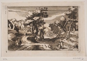 Heuvelachtig landschap met boerderijen. Op de voorgrond een melkmeisje en een boer met hooivork