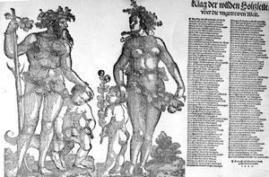 Pamflet over de terugtrekking van de wilde mannen uit de bossen uit een wereld die ten slechte is veranderd, houtsnede gemaakt door Hans Guldenmundt, 1545