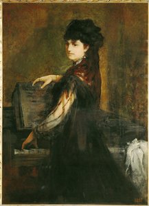 Amalie Makart, geboren Rothmayr, de eerste vrouw van de kunstenaar, aan de piano ... (schilderij op doek) door Hans Makart