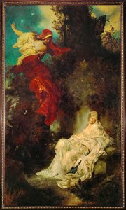 Sneeuwwitje ontvangt de vergiftigde kam ... (schilderij op doek) door Hans Makart