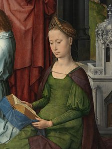 St. Barbara, detail van het centrale paneel van het Drieluik van Johannes de Doper en Johannes de Evangelist