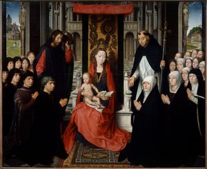 De Maagd en het Kind tussen Sint Jacobus en Sint Dominica die schenkers presenteren door Hans Memling