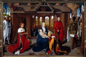 Drieluik van de Aanbidding der Wijzen: centraal paneel. De wijzen zijn als Karel de Stoute en Filips de Goede. Detrempe op hout door Hans Memling (1433-1494). circa 1470, Madrid. Museo del Prado