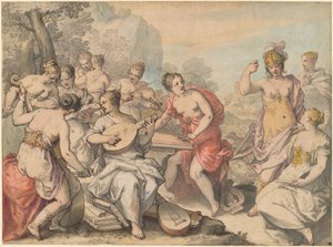 Minerva en de Muzen door Hans Rottenhammer