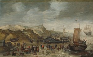 Een Potvis Aangespoeld op het Strand bij Noordwijk, 28 December 1614 door Hans Savery (I) (attributed to)