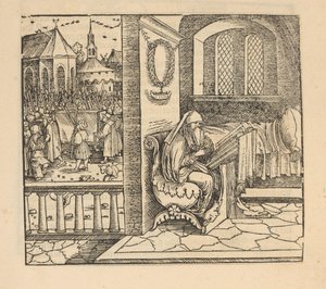 Biddende vrouw en begrafenisstoet door Hans Schäufelein (possibly)