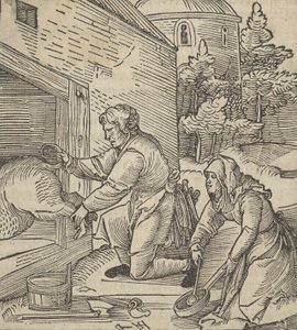 Een boer slacht een varken, uit Hymmelwagen auff dem, wer wol leeft..., 1517 door Hans Schäufelein the Elder